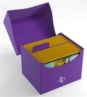 Purple side loading deck box for holding over 100 standard sized gaming cards in deck protectors.