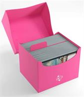 Pink side loading deck box for holding over 100 standard sized gaming cards in deck protectors.