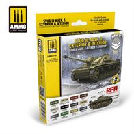 With this set, you have all of the colours that were used to accurately camouflage this powerful tank hunter. This all-inclusive set is a complete study of all the most suitable shades used to paint this workhorse of the German armoured forces. This colour set is a must for the workbench of any modeller that demands a professional finish for their STUG III assault gun kits. Includes 12 acrylic colours covering the mid production versions produced from mid-1943 to 1944. This set resolves the difficulty in finding the correct tones, saving you valuable modelling time. Includes all accurate colours to paint all surfaces of the new generation of kits that include detailed interiors. Formulated for optimal performance with both brush and airbrush, presented in 17 ml bottles. Each bottle includes a steel mixing ball for thorough mixing, shake well before each use. Water soluble, odourless and non-toxic. We recommend thinning with A.MIG-2000 Acrylic Thinner, colours dry completely within 24 hours. Includes the colours: A.MIG-0032 Satin Black A.MIG-0033 Rubber &amp; Tires A.MIG-0014 RAL 8012 ROTBRAUN A.MIG-0010 RAL 7028 Dunkelgelb Mid war A.MIG-0002 RAL 6003 OLIVGRÜN OPT.2 A.MIG-0015 RAL 8017 Schokobraun A.MIG-0017 Cremeweiss A.MIG-0190 Metallic Old Brass A.MIG-0218 RLM 66 Schwartzgrau A.MIG-0096 Crystal Periscope Green A.MIG-0045 Gun Metal A.MIG-0036 Old Wood
