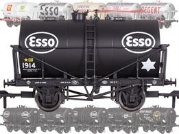 Highly detailed model of the Air Ministry specification oil tank wagons, built to government orders between 1939 and 1944 for conveying aviation fuel and distributed among the oil companies after the war. Many were converted for carrying class B heavy oil products with heating coils fitted to assist discharging.This all new Dapol model will feature separately fitted platforms and ladders to produce many detail variations plus a fully sprung chassis.This model as finished as ESSO wagon 1914 converted to carry class B products and painted in black livery.