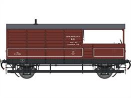 A highly detailed model of the GWRs standard 24-feet length goods train brake van, introduced from 1912 and built, with many detail differences, until 1950. The long wheelbase of these vans gave the guard a good ride, with a very effective hand brake and a large cabin which allowed extra crew to be accommodated. This model finished as diagram AA21 Toad number W17390 in British Railways bauxite livery. This diagram featured full vacuum brake fittings with the brake cylinder mounted between the sand boxes on the veranda. Allocated to goods services on the Tetbury branch.