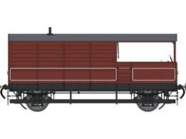 A highly detailed model of the GWRs standard 24-feet length goods train brake van, introduced from 1912 and built, with many detail differences, until 1950. The long wheelbase of these vans gave the guard a good ride, with a very effective hand brake and a large cabin which allowed extra crew to be accommodated. This is an unlettered model of a diagram AA21 Toad in British Railways bauxite livery. This diagram featured full vacuum brake fittings with the brake cylinder mounted between the sand boxes on the veranda.