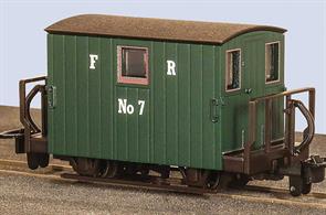 The Festiniog Railway ordered a small fleet of very basic 4-wheel coaches to provide accommodation for quarry workers travelling to and from the slate quarries. Circa 1908 at least three of these coaches were converted for use as brake vans with balcony ends giving access to an end door. This model features balconies at both ends.The models feature crisply reproduced printing, separate vacuum pipes, standard OO-9 coupler mounted in an NEM pocket, and metal-rimmed wheels for free running.These small brake vans are ideal for use on quarrymens and goods trains and are sure to prove useful as brake vans for any narrow gauge line.