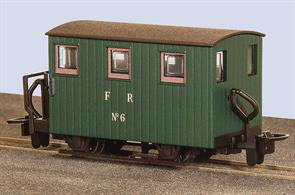 The Festiniog Railway ordered a small fleet of very basic 4-wheel coaches to provide accommodation for quarry workers travelling to and from the slate quarries. Circa 1908 at least three of these coaches were converted for use as brake vans with balcony ends giving access to an end door. This model features a balcony at one end only.The models feature crisply reproduced printing, separate vacuum pipes, standard OO-9 coupler mounted in an NEM pocket, and metal-rimmed wheels for free running.These small brake vans are ideal for use on quarrymens and goods trains and are sure to prove useful as brake vans for any narrow gauge line.