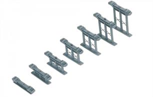 Set of seven piers in different heights clip to the underside of Hornby track to create a smooth incline, straight or curved. Piers have grooves to accept R660 elevated track sidewalls.The minimum track running length to a height of 80mm with supports at 24 sleeper intervals is approximately 1344mm. However for a more gradual incline with the supports at 30 sleeper intervals the overall running length increases to approximately 1680mm.