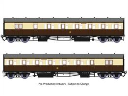 New highly detailed models of the GWR diagram E140 brake composite coaches which were built as pairs formed into 2-coach 'B set' trains. These 2-coach sets were the normal train for many branch lines or could be coupled together when needed for mainline local stopping services. Introduced in 1930 the diagram E140 coaches featured partially recessed door handles and recessed guards' doors similar to the express stock being constructed around the same time. These highly detailed models include full interior detailing with seating, luggage racks and lighting.Finished as coaches 6977 and 6978 in late 1930s chocolate &amp; cream livery with shirtbutton monogram logos forming Bodmin Branch set number 2.