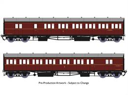 New highly detailed models of the GWR diagram E140 brake composite coaches which were built as pairs formed into 2-coach 'B set' trains. These 2-coach sets were the normal train for many branch lines or could be coupled together when needed for mainline local stopping services. Introduced in 1930 the diagram E140 coaches featured partially recessed door handles and recessed guards' doors similar to the express stock being constructed around the same time. These highly detailed models include full interior detailing with seating, luggage racks and lighting.Finished as coaches W6989W and W6990W in later British Railways lined maroon livery.