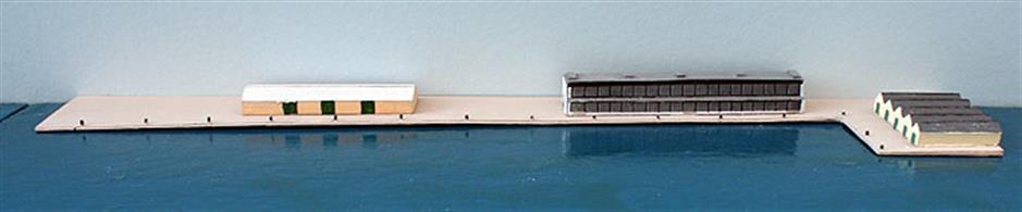 This ferry terminal is based on a quayside inside the sea-lock at Tilbury Docks on the River Thames. It is a 1/1250 scale resin model with a shallow quay protected from flooding by a sea-lock by Coastlines Models, CL-LA12