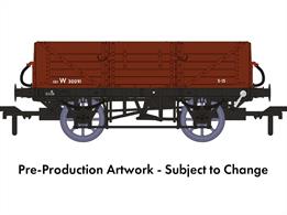 Introduced in 1911 as the GWRs new standard general merchandise open wagon now had 5 plank high sides and was equipped with a folding sheet rail for weather protection. Allocated diagram reference O11 10815 were built between 1911 and 1919, along with a further 2,105 wagons with vacuum train brakes (diagram O15) built by 1922.This model replicates vacuum train brake fitted diagram O15 wagon number W30091 in British Railways bauxite livery.