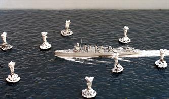 Small caliber shell splashes were originally designed to accompany 1/1200 scale warship models in a naval wargame. The models were sold as white metal castings in packs of eight. These models have been fettled and painted by Coastlines Models CL-EX10.