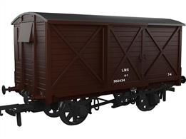 Detailed model of the Caledonian Railway diagram 67 10-ton ventilated box van finished in LMS bauxite livery as van number 302434 with the small post-1936 lettering.The Rapido Trains UK OO Gauge Caledonian Railway Dia.67 Van features full external, and underframe details including brass bearings for smooth friction-free running, NEM coupling pockets and a high-quality livery application. Tooling covers two different wheel styles, Morton hand brakes, vacuum train or dual air and vacuum train brakes and three different axlebox and spring arrangements.