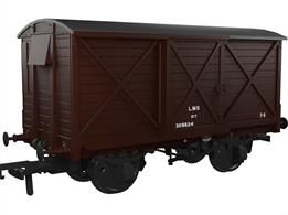 Detailed model of the Caledonian Railway diagram 67 10-ton ventilated box van finished in LMS bauxite livery as van number 302824 with the small post-1936 lettering.The Rapido Trains UK OO Gauge Caledonian Railway Dia.67 Van features full external, and underframe details including brass bearings for smooth friction-free running, NEM coupling pockets and a high-quality livery application. Tooling covers two different wheel styles, Morton hand brakes, vacuum train or dual air and vacuum train brakes and three different axlebox and spring arrangements.