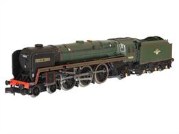 Detailed N gauge model of British Railways Britannia class 7MT 4-6-2 pacific locomotive 70051 Firth of Forth finished in BR lined green livery with the later lion holding wheel heraldic crests.