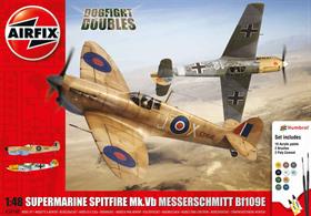 Airfix brings you A50160 a 1/48th scale plastic kit set of a Dogfight Doubles Supermarine Spitfire Mkvb &amp; Messerschmitt Bf109e World War 2 Fighter PlanesComes with glue and paints