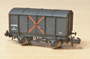 An excellent model from Dapol of the iron bodied gunpowder van, complete with red cross hazard marking to warning staff that the contents may be dangerous and the van should be shunted carefully. Due to the robust construction some of these vans remained in service safely moving explosives until replaced in the 1980's.Gunpowder vans were used for the transport of many types of explosives, ranging from early powders to later dynamite and the more stable gelignite. The vans were also used for military traffic, including the delivery of small consignments of ammunition, live and practice, for the use of Territorial Army, reserve units and Army/Navy/Air Force cadet units. A good reason for one single wagon of 'explosives' to arrive at any railway station from time to time.