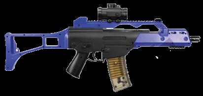This Double Eagle M41G airsoft BB gun is a full 1:1 size airsoft rifle replica of the G36 assault gun used by special forces and police services. The M41G is manufactured in ABS anti-shock resin plastic and supplied in either black or UK legal blue two-tone colours, which have been carefully balanced so that main body, screws and extra parts remain black. The M41G has changeable barrel and stock configurations and a transparent ammo magazine clip. The M41G has a sturdy barrel and is internally weighted for increased sturdiness, which also provides the user with a realistic feel to the gun. The M41G has a spring-powered slide action cocking mechanism which makes the M41G inexpensive and easily maintained, as it requires no gas or batteries to operate. The M41G is a great airsoft BB gun with an ergo friendly design suitable for both left and right-handed shooters, and it also has a fully working safety switch. This model is the M41G model that is complete with Red Dot Sight and sling. This M41G features a top and bottom mounted RIS rails for tactical upgrades. We recommend only using 6mm high-quality BB ammo like Bulldog with this assault rifle. Colour BLUE / BLACK
