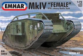 Emhar EM5002 1/72 Scale British MKIV Heavy Battle Tank Female - WW1The MK1V was the mostly used version in WW1 especially in the battle of Cambria in 1917. Female versions had only machine gun armament. Full instructions and decals included.Glue and paints are required
