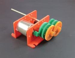 Ready assembled gearbox with 1.5 - 3 volt motor. Can be altered to give 6 different ratios and 12 speeds.The unit allows six different transmissions from 4:1 to 4096:1. Output speed can be varied by adjusting the input voltage.