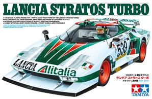 This model assembly kit recreates the Lancia Stratos Turbo (originally sold as Item 24003 in 1977; not motorized this time) with updated decals, wheels, and instruction manual. The Lancia Stratos was developed by the Italian well-known car manufacturer, Lancia. With a wedge body design supplied by Carrozzeria Bertone, this rear-wheel-drive car employed a midship 2,400cc V6 DOHC Dino engine. This car achieved championships three times at the global rally races from 1974 to 1976, and based upon the Lancia Stratos, the Stratos Turbo was developed as a Group 5 endurance racecar. As the name suggests, it had a turbocharged engine capable of about 520hp.