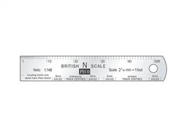 This stainless steel scale rule is a valuable tool for modelling in British N Gauge. It shows scale measurements from 3ins to 50ft, marked at 1:148 scale. It also includes markings for track gauge and spacing.