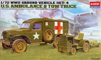 Academy 1/72 WWII U.S. Ambulance &amp; Tow Truck 13403This highly detailed model kit give an accurate reproduction of light vehicles used by Allies during WWII.
