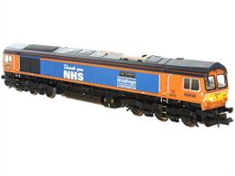 A detailed model of GB Railfreight class 66 locomotive 66731 Captain Tom Moore finished in its' special Thank You NHS livery applied following the 2020 COVID pandemic.These superbly detailed class 66 models feature light clusters correct for each locomotive, direction controlled lighting with day/night switch, detailed roof grille and NEM coupler pocket alloing couplers to be changed quickly.