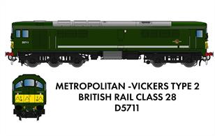 Detailed N gauge model of Metropolitan-Vickers Crossley engined Co-Bo diesel locomotive number D5711 finished in locomotive green livery with small yellow warning panels. Post 1961 rebuild condition with flat windscreens.DCC Ready with socket for Next18 decoder.