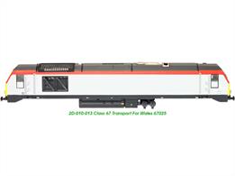 Detailed N gauge model of EWS/DB class 67 locomotive 67025, one of the small fleet allocated to Transport for Wales locomotive operated push-pull services and painted in TfW livery.