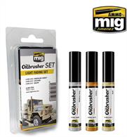 This unique range of Oilbrusher painting and weathering sets offers the convenience and accuracy that you expect from AMMO by Mig Jimenez. Each set contains the correct 3 tones for each task, making the choice of colors simple.This set includes:A.MIG-3509 Medium GreyA.MIG-3515 OchreA.MIG-3517 Buff