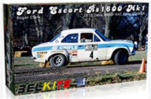 Belkits 1/24th Ford Escort RS1600 Mk1 Rally Car crewed by Roger Clark &amp; Tony MasonThis kit builds into a nicely detailed model of Roger Clark's 1972 RAC Rally winning Ford Escort RS1600 Mk 1.