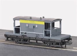 BR goods train brake van painted in engineering departmental grey with yellow stripe 'Dutch' livery.The LNER introduced this design of goods train guard brake van in the late 1930s, the longer chassis wheelbase giving a much smoother ride than the previous shorter designs. The cabin length remained the same, being perfectly adequate for its' single passenger and for stowing the equipment required to be carried with the train. This design was adopted for the standard British Railways goods train brake vans built in the 1950s. By the 1980s only the BR engineering departments regularly used brake vans as 'unfitted' (no train brake) wagons had been eliminated from regular service. While only one van would be needed if special or unfitted wagons were formed in the engineering train often more than one would be used to provide a riding and mess van for staff travelling to remote work sites by train.Railway companies all had a stock of their own vehicles for carrying goods and merchandise around their network, and also onto other companies' routes as and when required. These were integrated into British Railways at Nationalisation; some of them to be once more re liveried under sectorisation as the network was prepared to be returned to private ownership. All Peco wagons feature free running wheels in pin point axles. The ELC coupling, whilst compatible with the standard N gauge couplings, keeps a realistic distance between the vehicles and enables the PL-25 electro magnetic decoupler to be used for remote uncoupling.