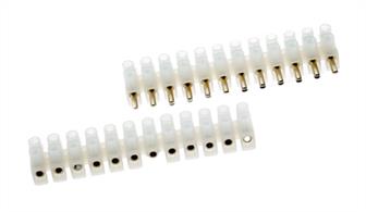 A useful multi-way connecting terminal block set based on the chocolate block connector design.These units are ideal for multi-way low voltage connections where it is neccessary or desirable to separate major sections of models, eg. portable model railways. Each unit is a 12-way connector, these can be cut to the required number of connections. A screw terminal is provided for each end of the wiring looms to be connected.