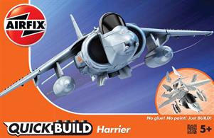 Airfix Quickbuild Harrier Clip together Block Model J6009 Assemble your own Harrier jet aircraft! This renowned military jet was developed in Britain and is capable to take off vertically so fly your model in true Harrier style. This model has a total of 27 parts and is 110mm once mounted on the stand.