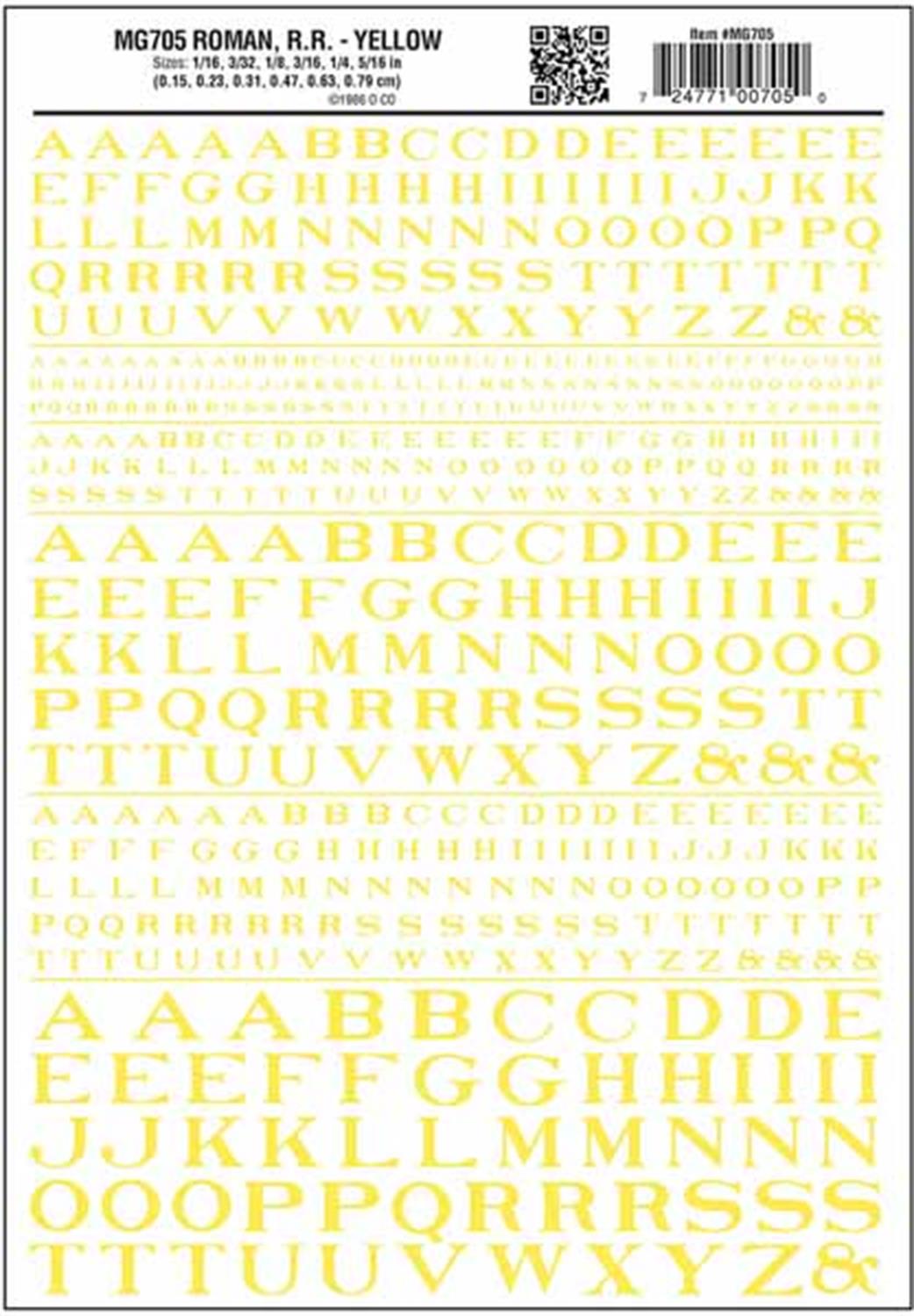 Woodland Scenics  MG705 Dry Transfer Decals Railroad Roman Lettering Yellow