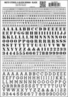 Black lettering sheet with fonts designed to replicate stencilled lettering and Block Roman font with regular line widths and squarer appearance.Lettering in 3/32, 1/8 and 1/4in heights, approximately equal to 2.3, 3.1 and 6.3mmOne sheet: 5 5/8 x 8 1/4in, 142 x 209mm. Stencil lettering sheets available in black, white, red and yellow.