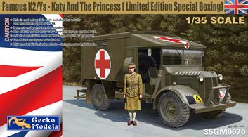 Highly detailed plastic and etched brass model kit building a British Army Austin K2/Y heavy ambulance, known to troops as the 'Katy' and the type of vehicle driven by HM The Queen (then HRH The Princess Elizabeth) during WW2.This kit includes a wide range of optional parts to replicate specific vehicles and fittings along with a sheet of finely etched brass detailing parts.This special boxing is being produced to mark Her Majesty's platinum jubilee year and includes a driver figure for HRH The Princess Elizabeth.