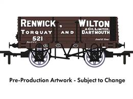 This model of a RCH 1907 7 plank wagon with side and end doors is finished in the chocolate brown livery of well-known West Country coal factors Renwick, Wilton &amp; company as wagon number 521. Operating a large fleet of wagons Renwick, Wilton and later Renwick, Wilton &amp; Co supplied all types of coals, holding contracts with many Devon gas works along with industries and households.A new and highly detailed model of the RCH 1907 design open wagon. One of the most common designs used by private wagon owners these wagons frequently carried brightly coloured and floridly lettered liveries applied before WW1. Many thousands of wagons were built to this specification, the vast majority still running into WW2 and passing to British Railways at nationalisation. Each of the Rapido Trains models features prototype specific variations including end doors or no end door, buffer shank design, wheels, brake fittings and V hanger style.