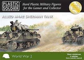Easy Assembly plastic injection moulded 15mm Allied M4A2 Sherman tank. Five vehicles in the box and each sprue gives options to build either a 75mm or 76mm version and comes with 2 commander figures - UK or US