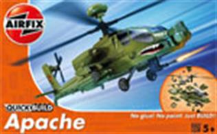 Airfix Quickbuild Apache Helicopter Clip together Block Model J6004Construct your very own Apache Helicopter! This model of the twin-engine attack helicopter features spinning four-blade main and tail rotors. In true army green, this piece is 129mm in height once placed on the stand. This model has a total of 37 parts with 3 additional parts for the stand.